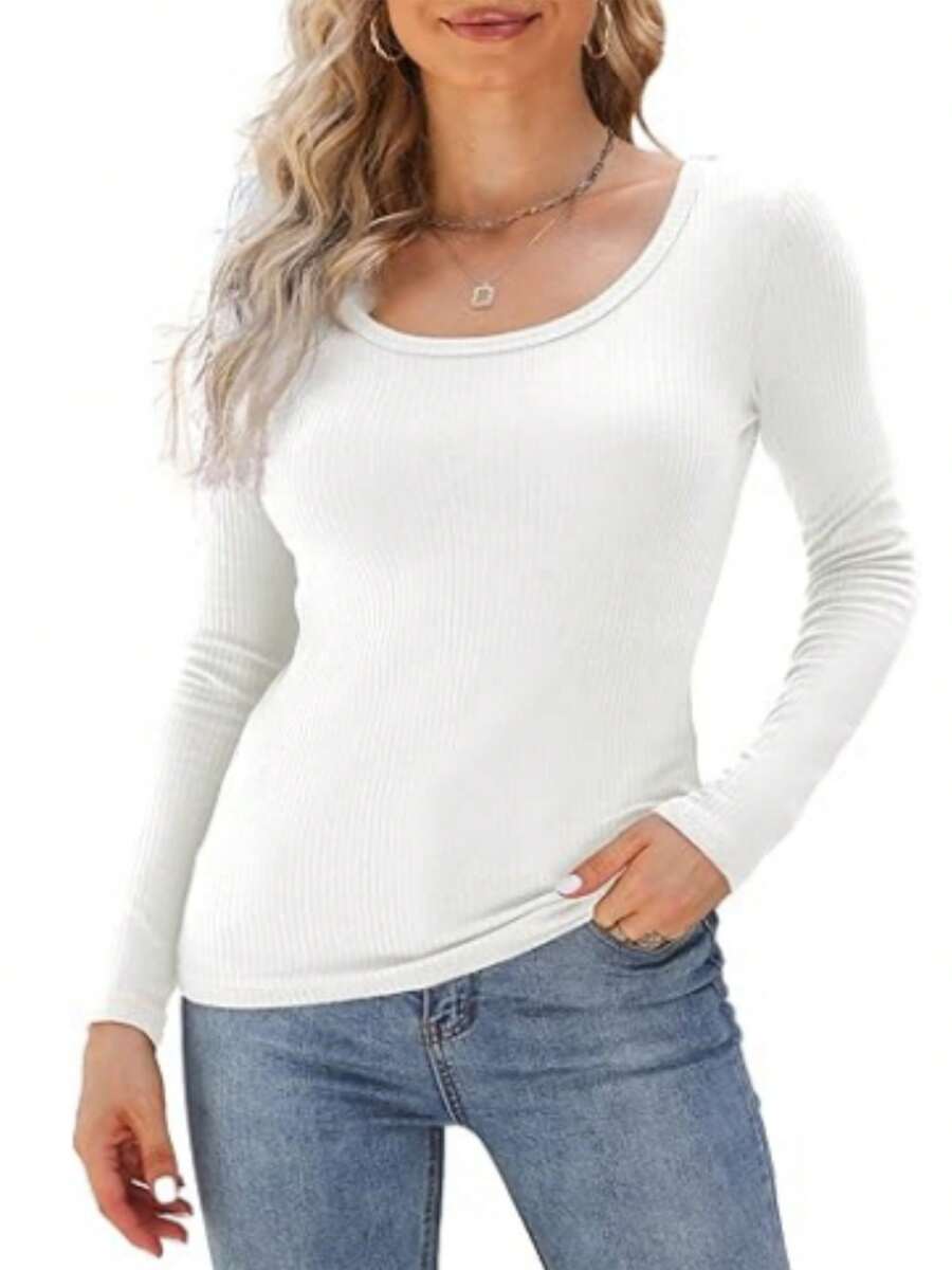 OUTBALL Womens Long Sleeve Scoop Neck Shirts Knit Tops Slim Fitted Tees Basic Casual Fall Outfits - White - View 1