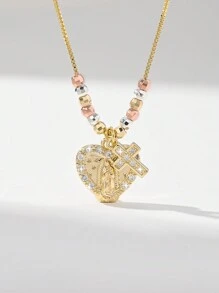 1 pieza Collar con colgante de la Virgen María de cruz tricolor, de estilo europeo y americano, hecho a mano con cuentas de cobre chapado, adecuado para regalos, parejas, amigos, uso diario - Amarillo Oro - Ver 8