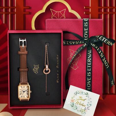 LUCKYFOX 1 Đồng hồ đeo tay thạch anh có dây đeo, Phong cách kinh doanh giản dị cổ điển, Hợp kim kẽm, Da, Bộ hộp quà tặng sang trọng kèm thiệp chúc mừng, Thích hợp cho ngày lễ, Quà tặng ngày lễ tình nhân Valentine