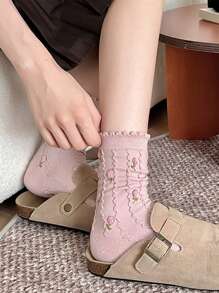 3 đôi tất nữ cao đến giữa bắp chân, họa tiết hoa, kiểu tất thuyền cổ điển, phù hợp cho mọi mùa, màu ngẫu nhiên (đen, trắng, hồng, nâu), mùa thu/đông - Nhiều màu - Xem 9