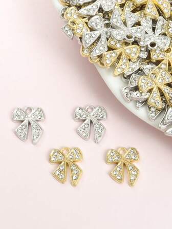 10pcs Simple Style Bling Bling Rhinestones Inlay Bowknot Charms Stylish Necklaces, Bracelets, Earrings, Keychains, Clothing Decorations And Bag Accessory DIY Sweet Bowknot Design Alloy Pendants - Ideal Gifts For Girls Valentines