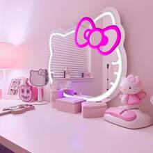 Sanrio Enseigne lumineuse au néon Sanrio Hello Kitty chat avec miroir mural et bande LED réglable - En plastique, à fixer au mur, avec interrupteur, polyvalent, alimenté par USB, sans fil, sans batterie, éclairage blanc - Pour chambre, coiffeuse, salle de séjour, chambre d'enfant, cadeau pour toute la journée