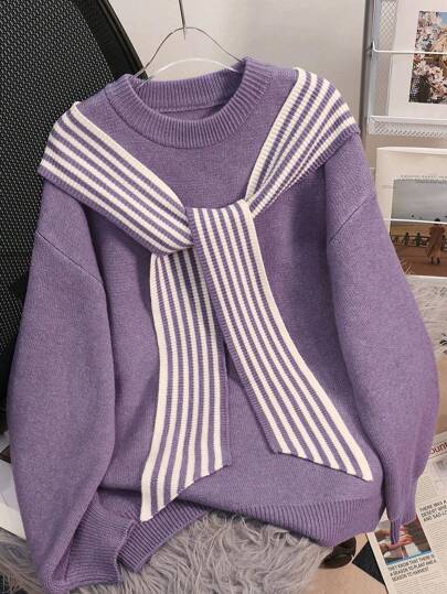 Femmes Chandail à col ras du cou à manches longues de couleur unie, Top tricoté ample avec écharpe de style rayé contrastée décorative, mode casual style marine, automne/hiver