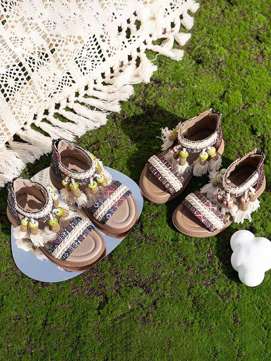 1 双夏季新款女童凉鞋，时尚公主风印花流苏软底学生罗马凉鞋，幼儿/小童/大童