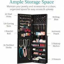 Best Choice Products Freestanding Jewelry Armoire Cabinet, Full Length Standing Mirror, Lockable Makeup Storage Organizer, W/Velvet Lining, 3 Angles, Lock, Accessory Pouch, 5 Shelves - Black - Natural Oak - View 9