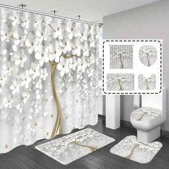 1pc/4pcs Bathroom Curtain Shower Set, 3D Floral Pattern, Modern Minimalist Luxury Style, All Season Decor, Classic Minimalist Luxury Bathroom Set, Comes With 12 Hooks Home Bathroom Decor Fall Decor Bathroom Accessories Back To School