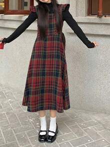 女士宽肩带格子连衣裙，休闲日常穿着 - 紅色 - 查看 2