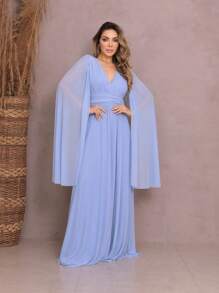 Women's Long Party Dress With Slit Cape Sleeve V-Neck Solid Color Elegant New Year's Eve - Baby Blue - View 1
