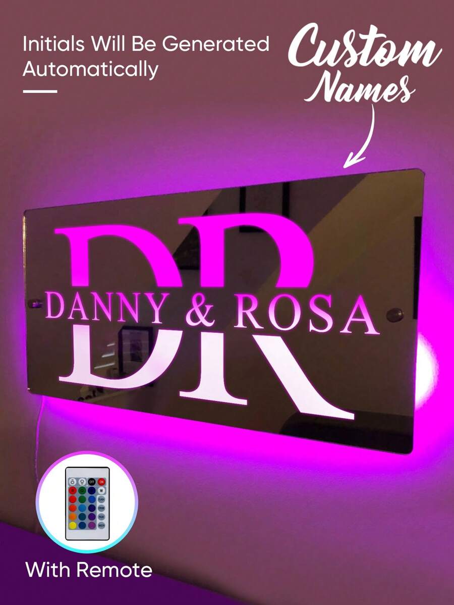 1 pieza Espejo con luz LED con nombre personalizado, señal de espejo con luz personalizada, luz de espejo con nombre personalizado para la pared, espejo LED personalizado, luz de espejo con nombre personalizado como decoración de pared del dormitorio, luz LED de espejo con nombre personalizado como señal de dormitorio para Halloween, para invierno, para decoración de otoño/otoño navideña, luz nocturna, luces de neón, artículos para el hogar, decoración de habitación, hallazgos tesoros, decoración navideña, luces navideñas - Con control remoto - Ver 1