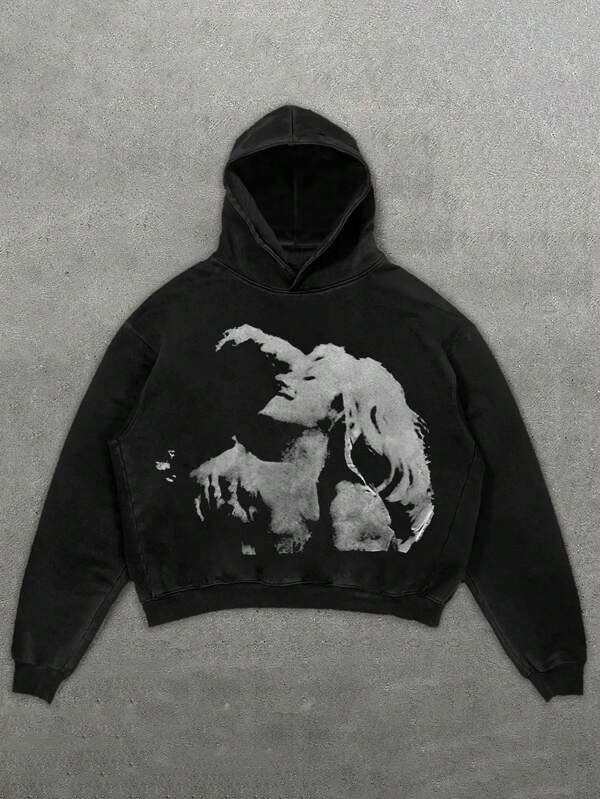 Men's Casual Portrait Print Lounge Pullover Hoodie, Emo Style, 2000s Style