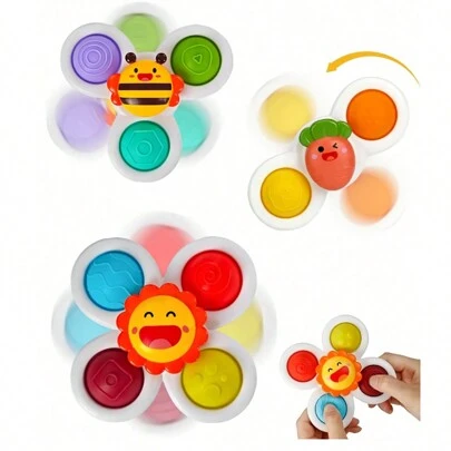 3pcs/Set Suction Cup Rotating Gyroscope Toy, Baby Teething Toy, Stress Relief & Rattle, Tabletop Toy, Bath Toy, Children's Gift, School Supplies, Halloween Decor, Thanksgiving Decor (Accessory Colors Random)