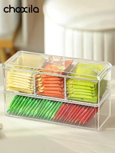 choxila 1pc Capsule Coffee Storage Box, Transparent Tea Bag Organizer, Cutlery Storage Box, Grid Compartment Design, Convenient For Storage, Suitable For Coffee Shops, Milk Tea Shops, Offices, Can Store Drip Coffee Accessories, Coffee Condiments, Rectangular, Also Suitable For Parties, Back To School Essentials