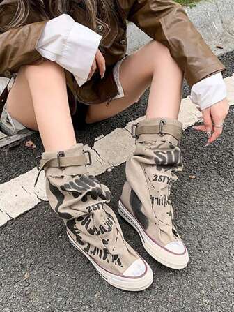 Fashionabla design, graffiti, bältesspänne, högtoppade skor kvinnor, 2024 nya modeller, mångsidig, sportskobyxor, hög med stövlar