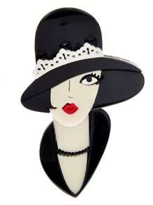 1pc Handmade Retro Modern Woman With Hat Acrylic Brooch, Vintage Cartoon Character Portrait Pins