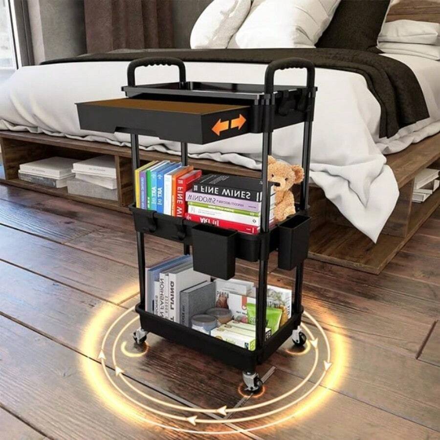 Xe đẩy tiện ích có ngăn kéo, Xe đẩy tiện ích làm bằng dụng cụ sắp xếp lưu trữ đa năng cho nhà bếp, phòng tắm, phòng khách, văn phòng, đồ tổ chức và lưu trữ, Xe đẩy 3 tầng, Đồ dùng thiết yếu cho ký túc xá đại học dành cho nữ, Đồ sắp xếp bàn làm việc, màu hồng. Trang trí ngoài trời - Xám 3 Tầng Có Ngăn Kéo - Xem 1