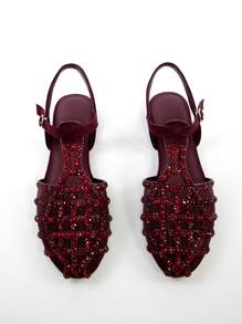 Women's Rhinestone Decor Hollow Design Burgundy Faux Suede Flats With Ankle Strap, Round Toe, Stylish For Daily Wear And Party
