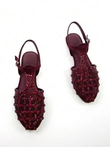 Women's Rhinestone Decor Hollow Design Burgundy Faux Suede Flats With Ankle Strap, Round Toe, Stylish For Daily Wear And Party