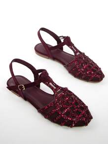 Women's Rhinestone Decor Hollow Design Burgundy Faux Suede Flats With Ankle Strap, Round Toe, Stylish For Daily Wear And Party