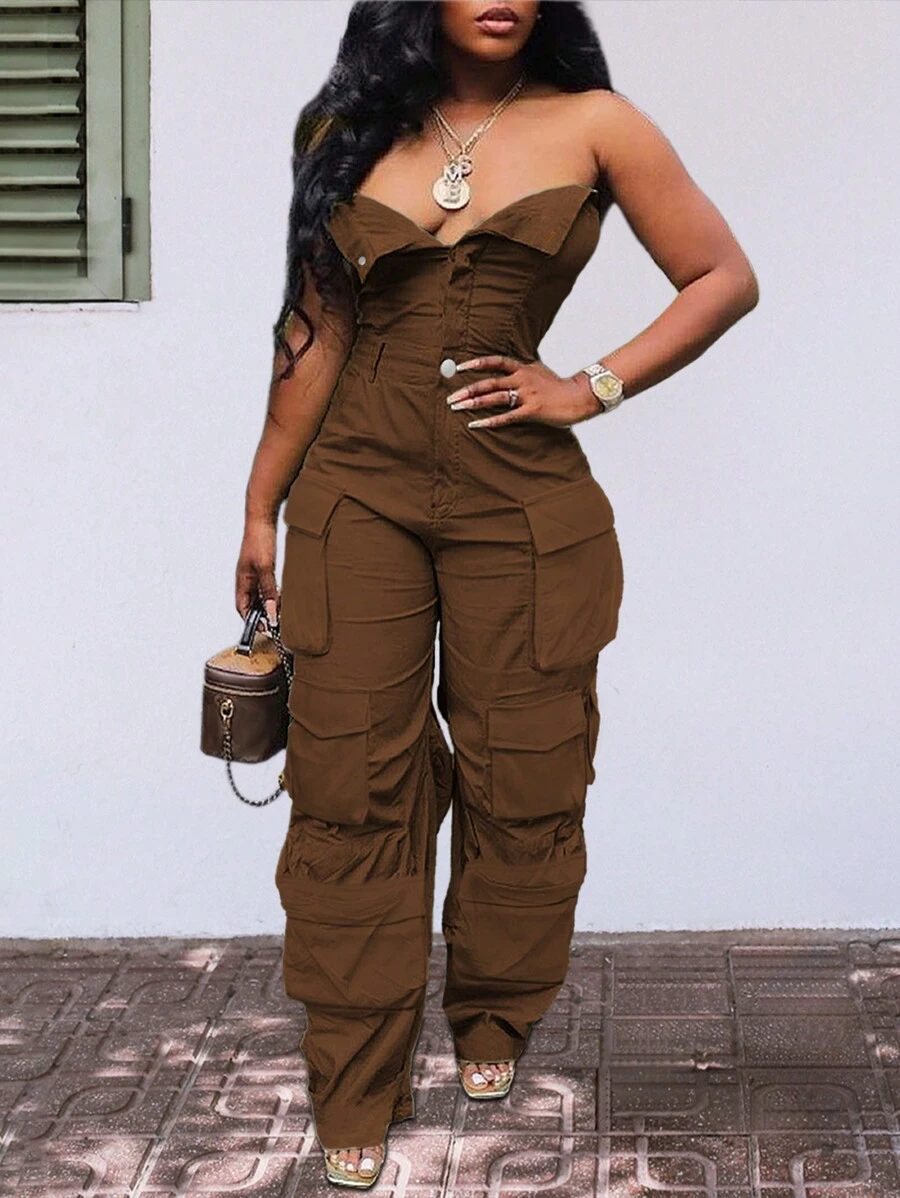 Plus Size Solid Color Sleeveless Utility Jumpsuit With Pockets - 棕色 - 查看 1