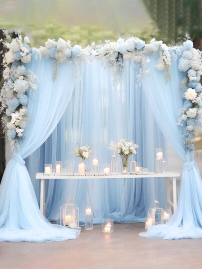 2pcs Light Blue Tulle Backdrop Organza Curtain, 2025 New Year Decor Banner Organza, Wedding Party Background Cloth, Bridal Shower Birthday Party Background Decoration Supplies, Wedding Supplies, Wedding Decoration Organza, Wedding Favor, Valentine's Day Decor, Stage Decoration Mesh Gauze, Babe Shower Decoration(Including Clips)