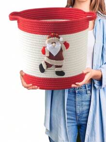Christmas Basket With Santa Claus Doll, Woven Cotton Rope Christmas Storage Basket For Gifts Empty, Christmas Toy Baskets, Christmas Gifts Basket Empty - Red - View 9