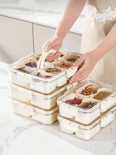 1 件/2 件带盖保鲜盒，4/8/9 格容量，分隔储物餐盘，带手柄的分隔储物盒，带可拆卸零食盒的冰箱储物盒，香料、干料、糖果、蔬菜、水果、坚果储物盒，厨房食物储物盒，适合家庭、旅行、聚会、野餐。