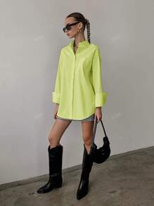 QIANZHIDU Camisa holgada de manga larga de unicolor para mujeres, con sensación relajada, ideal para entrevistas de trabajo, oficina, graduación, primavera, verano y otoño