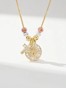 1 chiếc vòng cổ mặt thánh giá Đức Mẹ Đồng Trinh ba màu mạ điện bằng hạt đồng thủ công, thích hợp làm quà tặng cho người yêu, bạn bè, gia đình, đeo hàng ngày hoặc lễ hội, cầu nguyện - Vàng - Xem 9