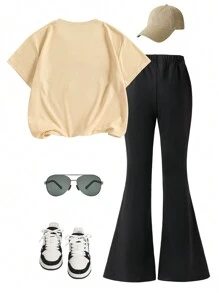 Tween Girls 2 Pieces Elegant Casual Letter Print Set, Fashionable Multifunctional Round Neck Short Sleeved T-Shirt+Pants Set, Suitable For Spring, Summer And Autumn Seasons, Suitable As An Outdoor Gift For Daughters