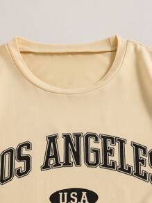 Tween Girls 2 Pieces Elegant Casual Letter Print Set, Fashionable Multifunctional Round Neck Short Sleeved T-Shirt+Pants Set, Suitable For Spring, Summer And Autumn Seasons, Suitable As An Outdoor Gift For Daughters