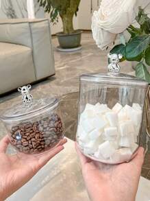 1pc/ Sealable Jar With Lid, Reusable Clear Plastic Sealable Jar With Cute Bear Shape Lid, Home Kitchen Food Storage Container For Kitchen Organisation And Storage, Perfect For Storing Snacks, Sweets, Tea, Nuts, Cereals And Coffee Beans.