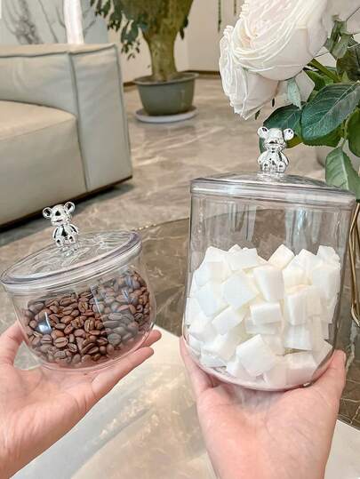 1个/套 可重复使用的密封塑料罐，配有可爱的熊形盖子，食品储存容器，适用于厨房收纳整理，非常适合存放零食、糖果、茶叶、坚果、谷物和咖啡豆，可用于冰箱储存，是厨房配件和备餐的理想之选。