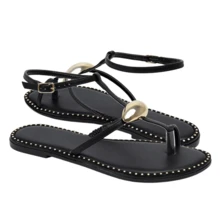 Women's Flat Sandal With Thin Straps, Golden Almond Detail, Summer Launch - màu đen - Xem 6