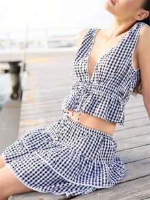 Womens Plaid Mini Skirt Elastic Waist A-Line Layered Ruffle Skirt Casual Streetwear