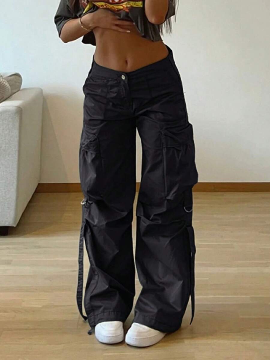 Y2K Street Flap Pocket Tape Detail Loose Casual Wear Wide Leg Parachute Cargo Pants - 黑色 - 查看 1