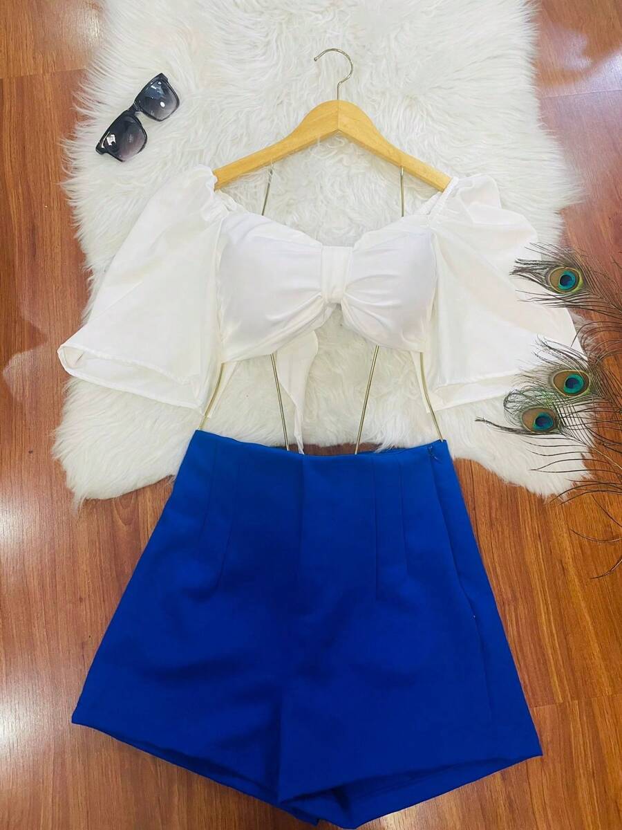 HONGDA One Size Shirt Set With Elastane, Can Be Tied At The Back, Shorts Without Pockets And With Zipper - 寶藍色 - 查看 1