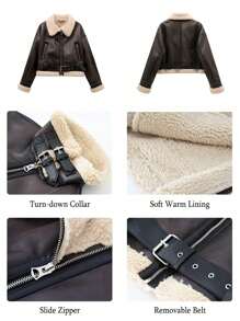 Winter Women Faux Lamb Fur Leather Short Jacket Lapel Zipper Bomber Aviator Coat