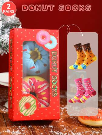 2 Pairs Unisex Creative Christmas Cookie & Donut Design Socks, Comfortable Casual Gift Socks Suitable For Halloween, Christmas, Valentine's Day, All Season, Autumn/Winter