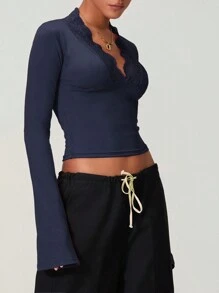 Women's Spring Tops Slim Lace Trim Deep V Neck Bell Sleeve Crop Shirt Casual Streetwear - 藍色 - 查看 3