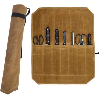 Rolo de faca, bolsa para rolo de faca de chef de lona encerada, 7 compartimentos para facas para talheres, facas e utensílios de cozinha, estojo para armazenamento de facas, porta-facas perfeito para o chef viajante