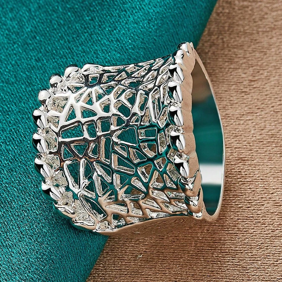 925 Sterling Silver Plated Concave Hollow 7-10 # Ring For Women Wedding Party Fashion Charm Jewelry - Silver - View 1