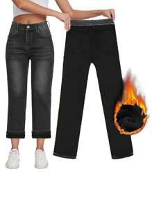 Jeans de pierna recta con forro térmico para el invierno - Gris Oscuro - Ver 1