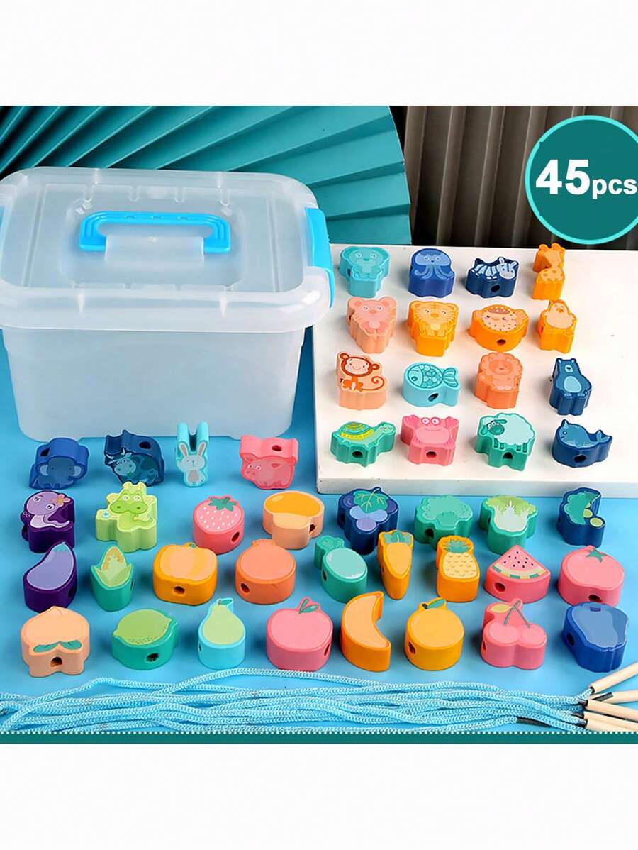 22/45 piezas Juguete educativo de madera para niños, cuentas en forma de frutas y vehículos, desarrollo de coordinación mano-ojo, ideal para aprendizaje temprano - Naranja - Ver 1