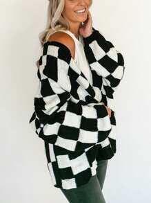 Women's Fall Knit Cardigan Plaid Print Long Lantern Sleeve Open Front Loose Sweater Jacket - 黑色 - 查看 2