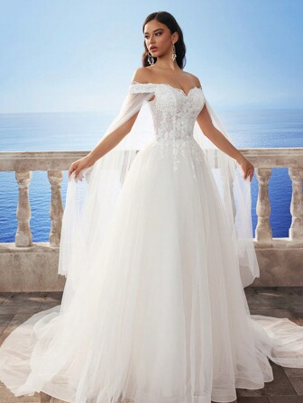 New Year Vintage Off Shoulder All White Party Outfit Prom Dress,Elegant Mesh A-Line Wedding Dress Bridal