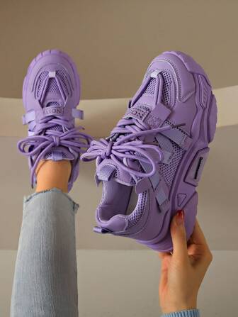 2024 New Style Women Thick Sole Sneakers, 4 Seasons Lace-Up Casual Flats, Purple Mesh Contrast Fashion Chunky Sneakers