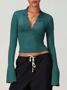 Women's Lace Trim Crop Tops Y2k Long Flare Sleeve Going Out Tops Cute Wrap  Deep V Neck Blouse Tee Shirts - 綠色 - 查看 3
