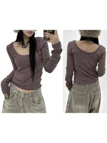 Women T-Shirt, Long Sleeve Scoop Neck Ladies Fall Casual Striped Tops Streetwear