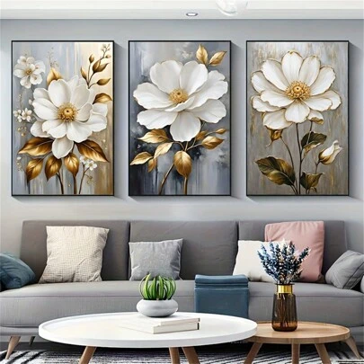 3pcs Gold Leaf & White Flower Canvas Wall Art, Frameless Modern Decorative Painting, Suitable For Living Room And Bedroom, Contemporary Canvas Wall Art, Room Poster, Room Decor, Home Decor, Western Decor, Living Room Bedroom Office Decor