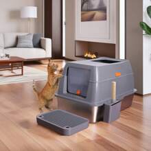 BingoPaw Large Stainless Steel Cat Litter Box Enclosed Cat Toilet With Poop Scooper Footboard - Grey - View 11